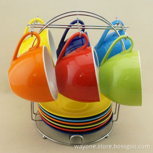 Set6 220cc Tea Cup and Saucer, with Metal Stand, New Bone China with Color Glaze, for Promotion